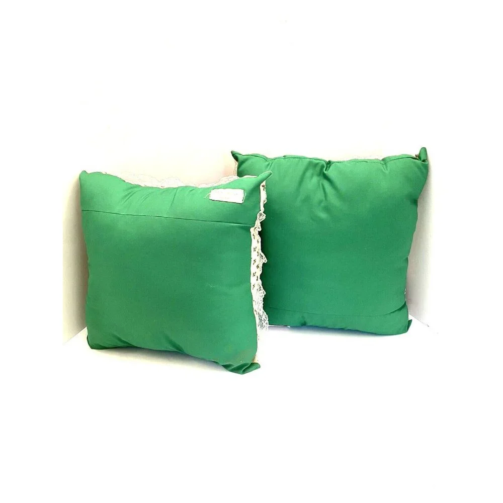 Vintage handmade Christmas throw pillows poinsettias trimmed in lace MCM Retro
